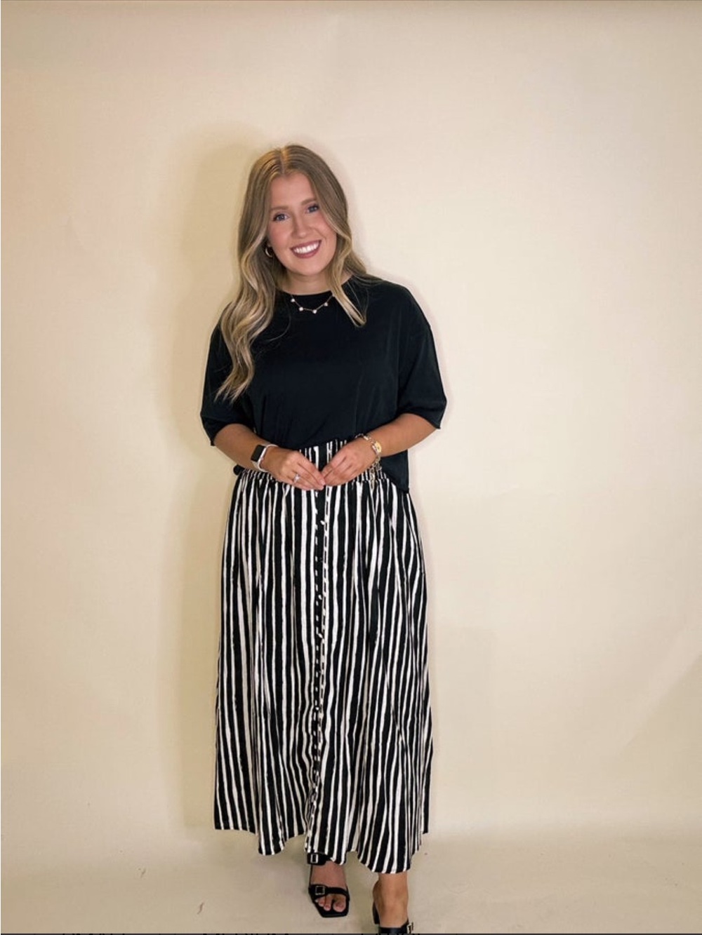 easel Black and White Vertical Stripe Button-Front Maxi Skirt